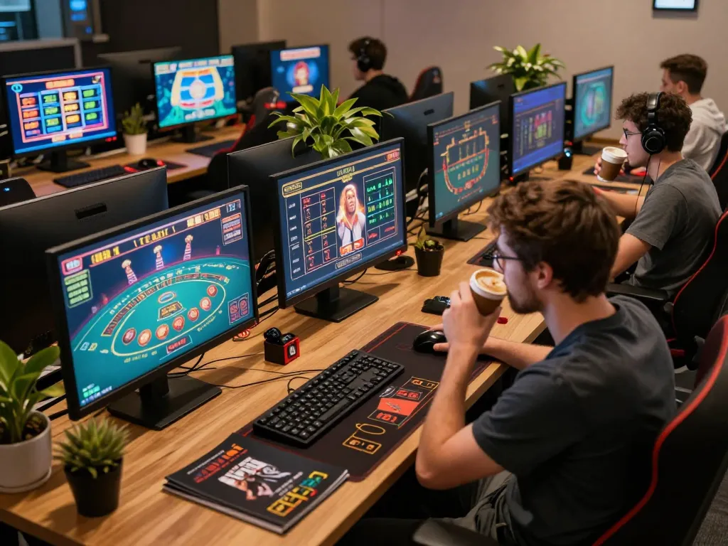 Gamer engaging with nhà cái mm88 online casino games on multiple screens, illustrating a strategic and exciting gaming experience.