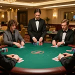 O8 poker players placing bets in a luxurious casino, showcasing excitement and competition