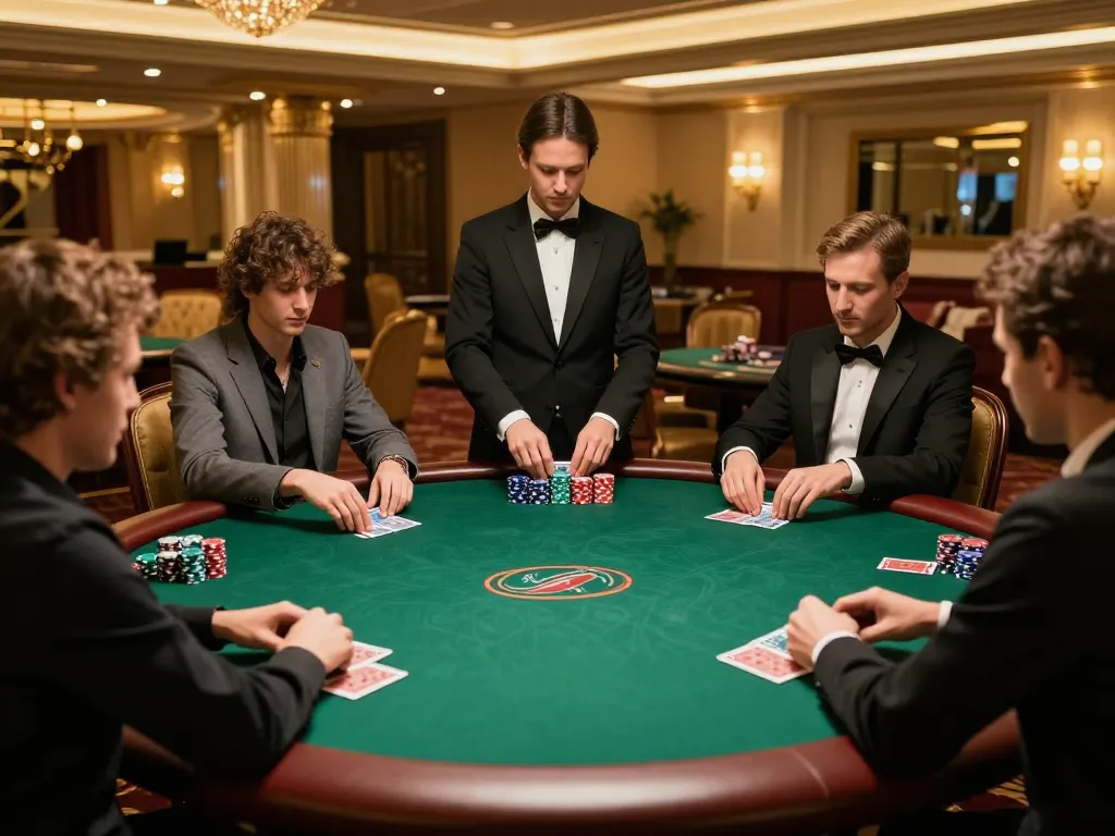 O8 poker players placing bets in a luxurious casino, showcasing excitement and competition