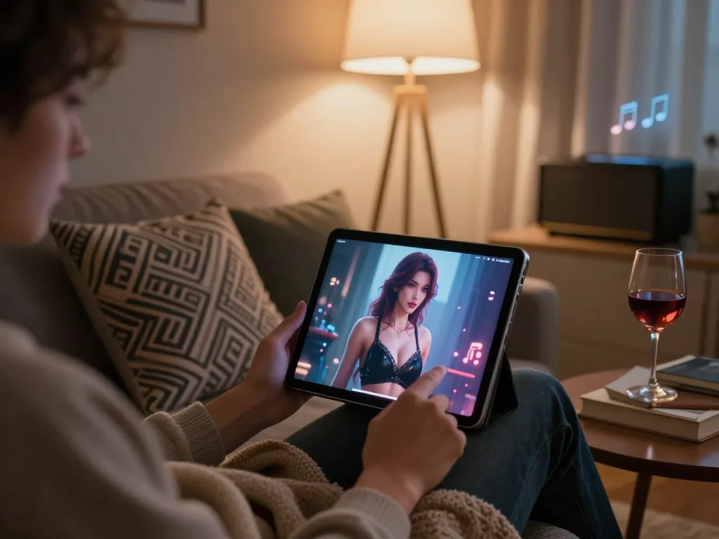 Engaging with AI NSFW character on tablet in a cozy, dimly-lit room.