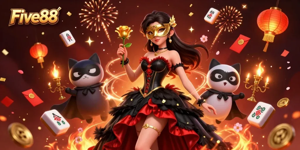 Experience the thrill of Five88 as vibrant gaming elements surround a stunning illustration of a masked lady.