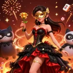 Experience the thrill of Five88 as vibrant gaming elements surround a stunning illustration of a masked lady.