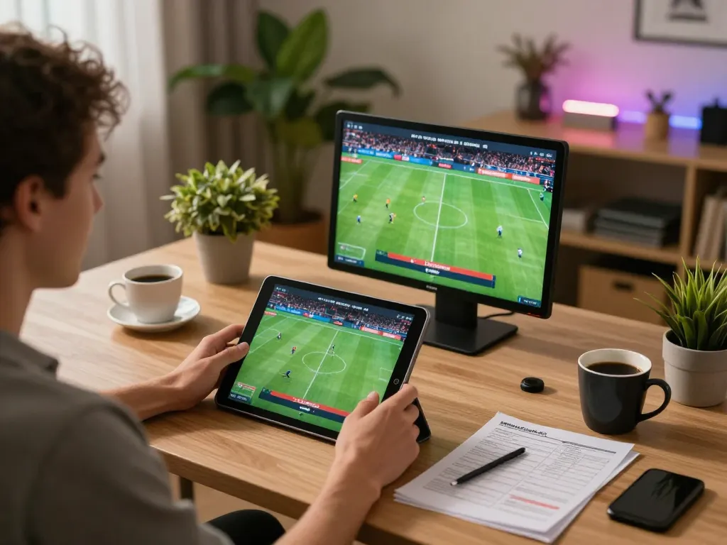 Socolive user engaging in live football streaming on a tablet in a cozy home setup.