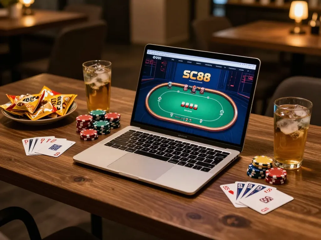 Engaging in SC88 poker gameplay on a sleek laptop surrounded by snacks, creating an inviting online gaming atmosphere.