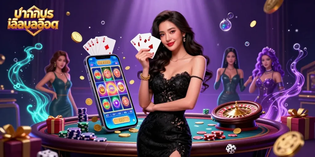 Experience ทดลองเล่นสล็อต with an elegant Asian woman in a luxury casino setting, showcasing vibrant slot game action.