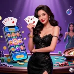 Experience ทดลองเล่นสล็อต with an elegant Asian woman in a luxury casino setting, showcasing vibrant slot game action.