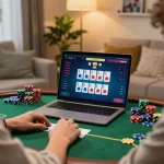 Person playing poker online at home with alo8 center setup, colorful chips on table.
