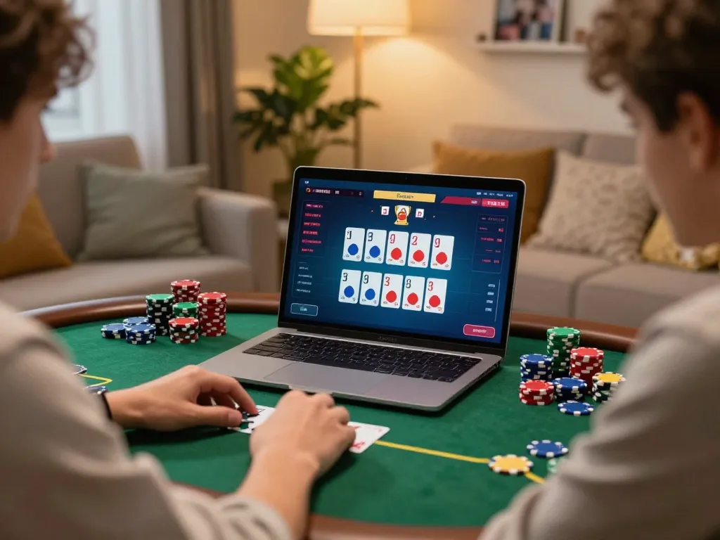 Person playing poker online at home with alo8 center setup, colorful chips on table.
