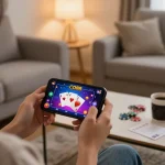 Engaging player enjoying CO88 app on smartphone with poker graphics in a cozy home setting
