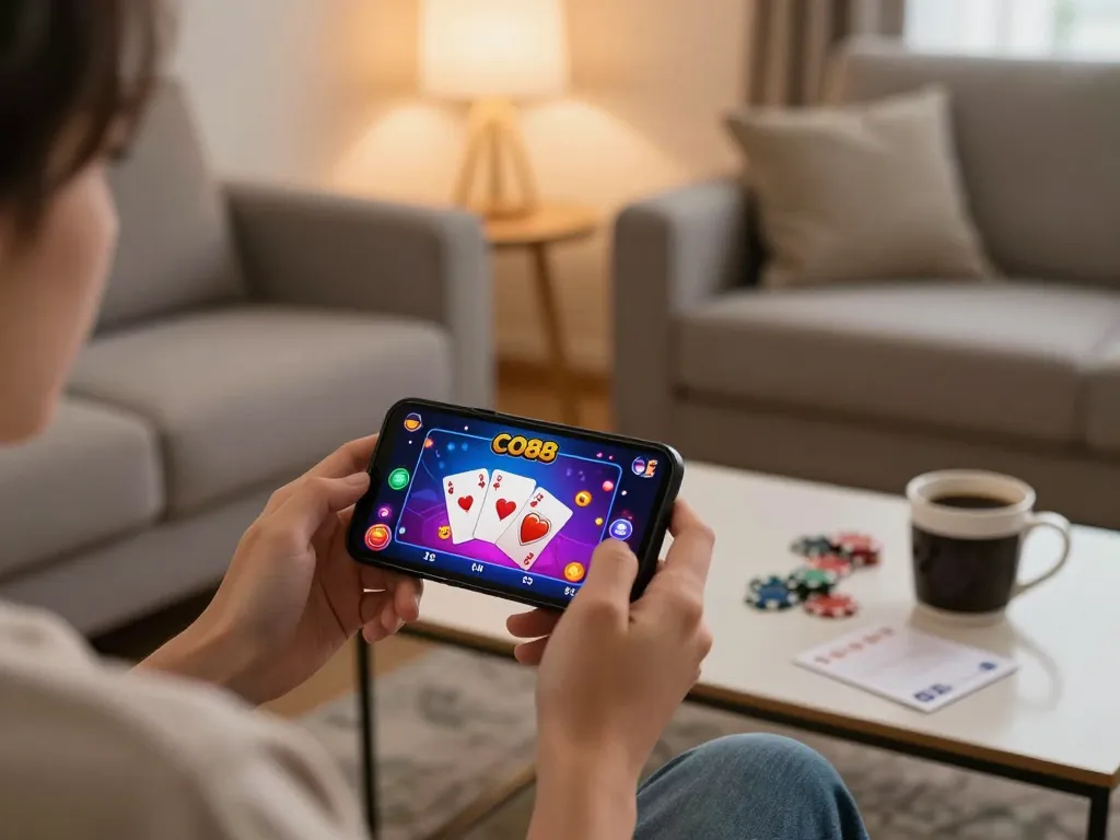 Engaging player enjoying CO88 app on smartphone with poker graphics in a cozy home setting
