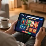 Engaging with VK88 casino interface in a cozy home setting, showcasing online gaming action and strategy.