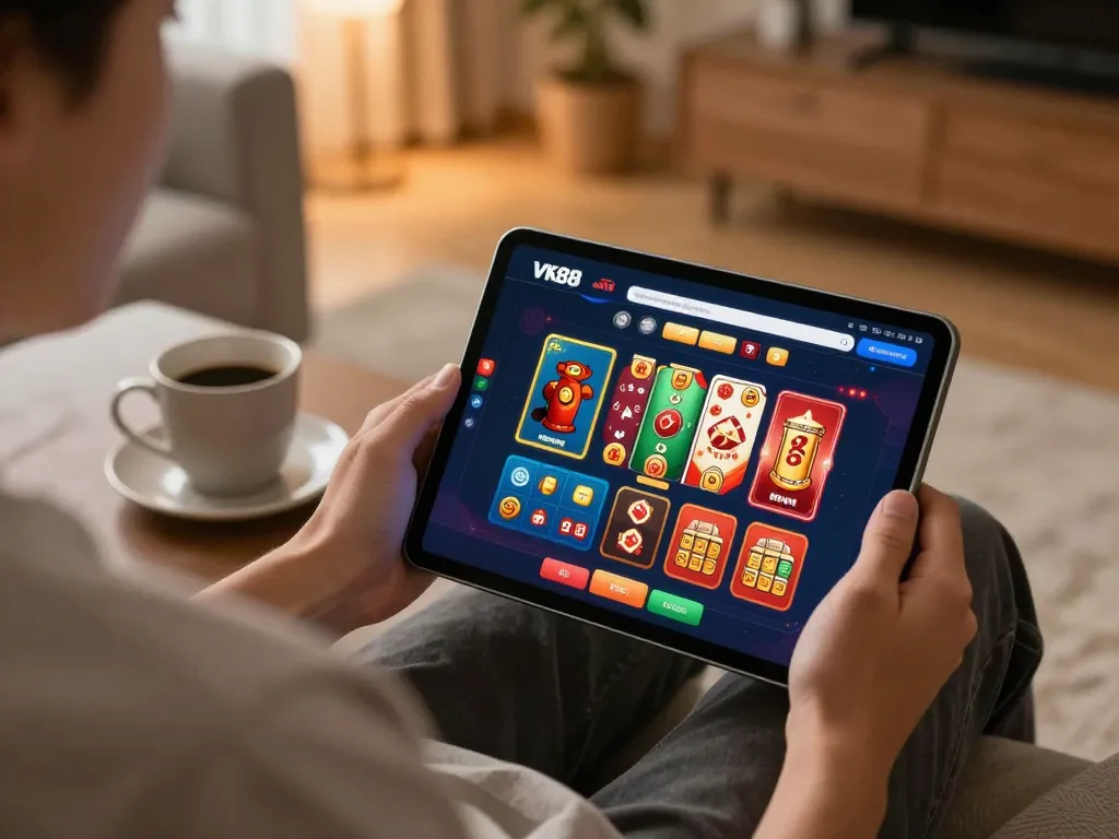 Engaging with VK88 casino interface in a cozy home setting, showcasing online gaming action and strategy.