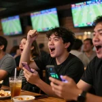 Fans celebrating while analyzing kèo nhà cái betting odds on their smartphones in an energetic sports bar