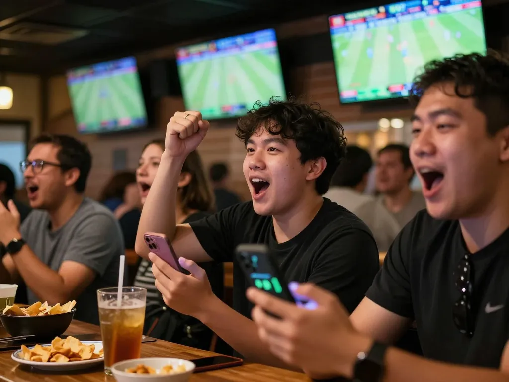 Fans celebrating while analyzing kèo nhà cái betting odds on their smartphones in an energetic sports bar