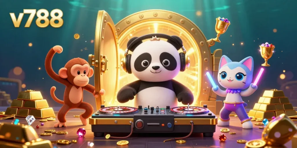 Experience excitement with v788 as a DJ panda spins and treasures surround playful characters.