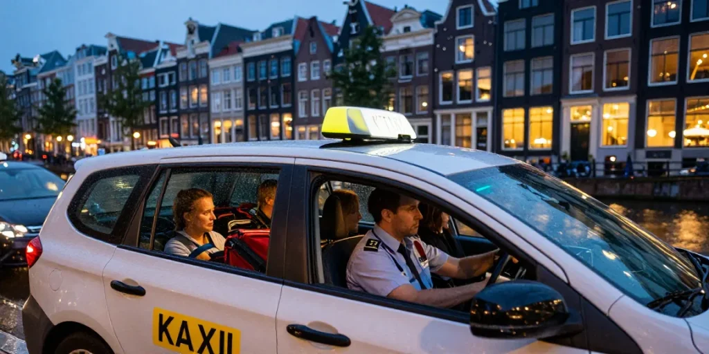 Taxi Amsterdam scene with passengers enjoying a comfortable ride in the city at dusk