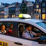 Taxi Amsterdam scene with passengers enjoying a comfortable ride in the city at dusk