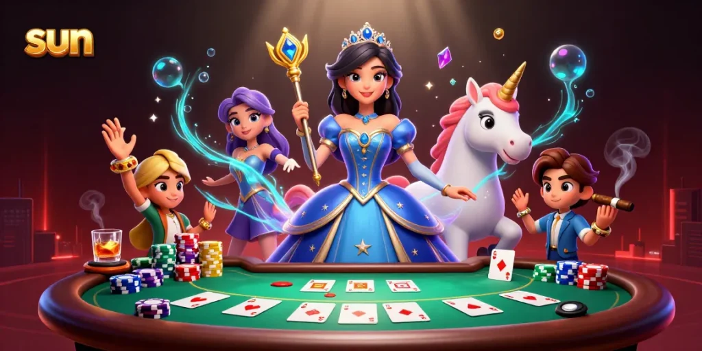 Engage with sun-themed poker action as a stunning woman and unicorn illuminate the game.