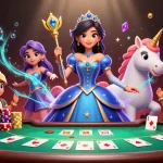 Engage with sun-themed poker action as a stunning woman and unicorn illuminate the game.