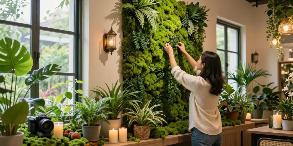 Levendige binnenruimte met kunstmatige heggen van https://leafely.nl/, die een gezellige sfeer vol groen laat zien.
