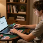 Person playing poker online at home, showcasing kong88 on the laptop, with chips and cards nearby.