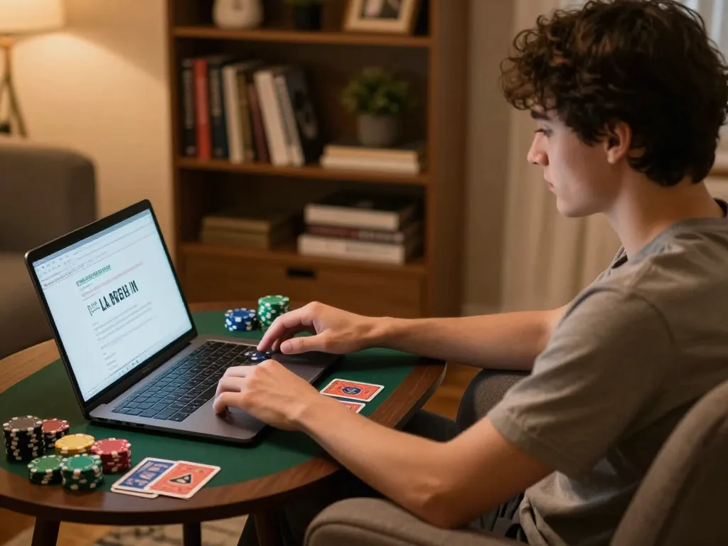 Person playing poker online at home, showcasing kong88 on the laptop, with chips and cards nearby.
