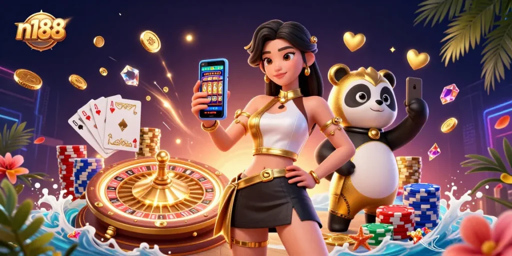 Engage with n188's thrilling casino experience featuring a stylish Asian woman and a golden panda.