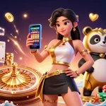 Engage with n188's thrilling casino experience featuring a stylish Asian woman and a golden panda.
