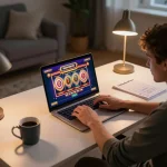 Engaging user gaming on Bom88 platform with vibrant slots display and cozy setup