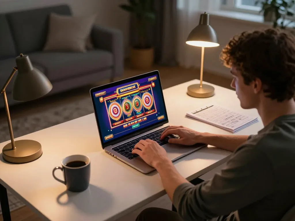 Engaging user gaming on Bom88 platform with vibrant slots display and cozy setup