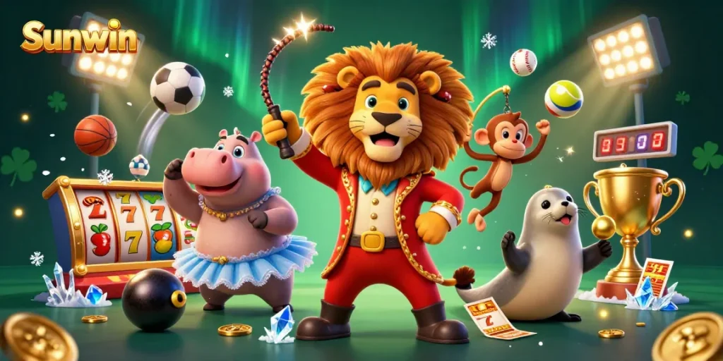 Experience thrilling casino action with Sunwin's vibrant characters amidst dynamic gaming elements.