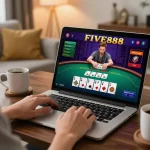 Engaging online Blackjack gameplay on five888 platform, person using laptop in a cozy atmosphere.