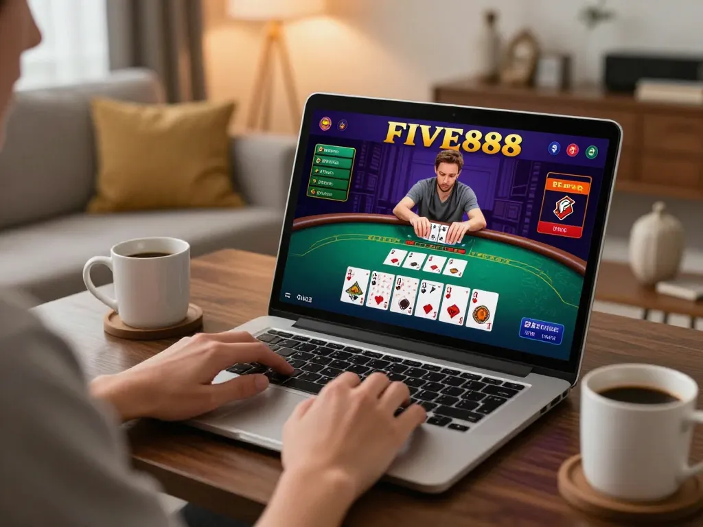 Engaging online Blackjack gameplay on five888 platform, person using laptop in a cozy atmosphere.