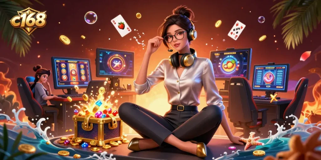 Engage in thrilling slot gaming with dynamic scenes showcasing c168 casino excitement and vibrant visuals.