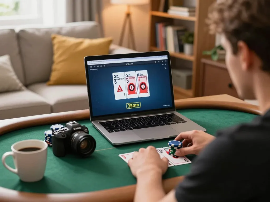 SX88 online poker player strategizing with laptop in cozy home setting