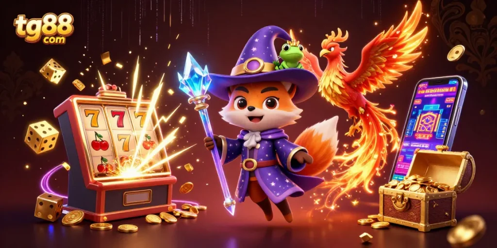 Experience excitement at tg88 com with a fantasy scene of a wizard fox, phoenix, and riches from slot machines.