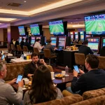 Engaged patrons placing bets on link LLwin for sports events in a lively casino setting