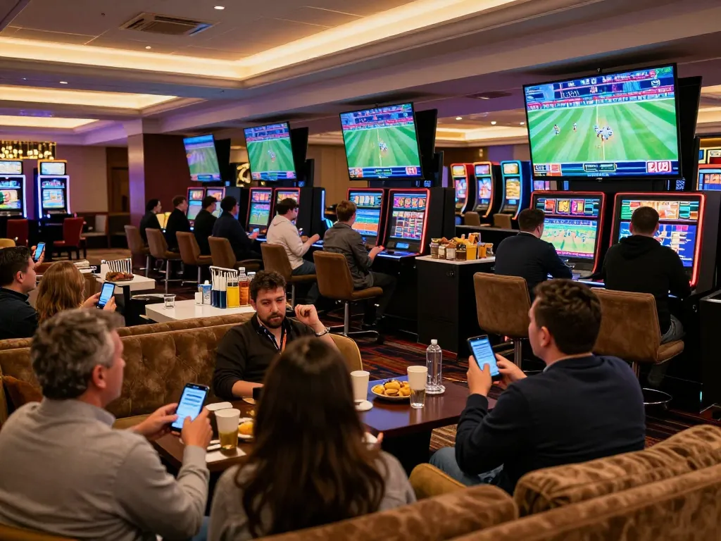Engaged patrons placing bets on link LLwin for sports events in a lively casino setting