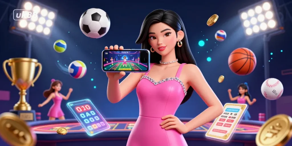 Engage with uk88 live dealer games as a stunning Asian woman showcases a smartphone with a casino interface.