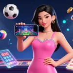 Engage with uk88 live dealer games as a stunning Asian woman showcases a smartphone with a casino interface.