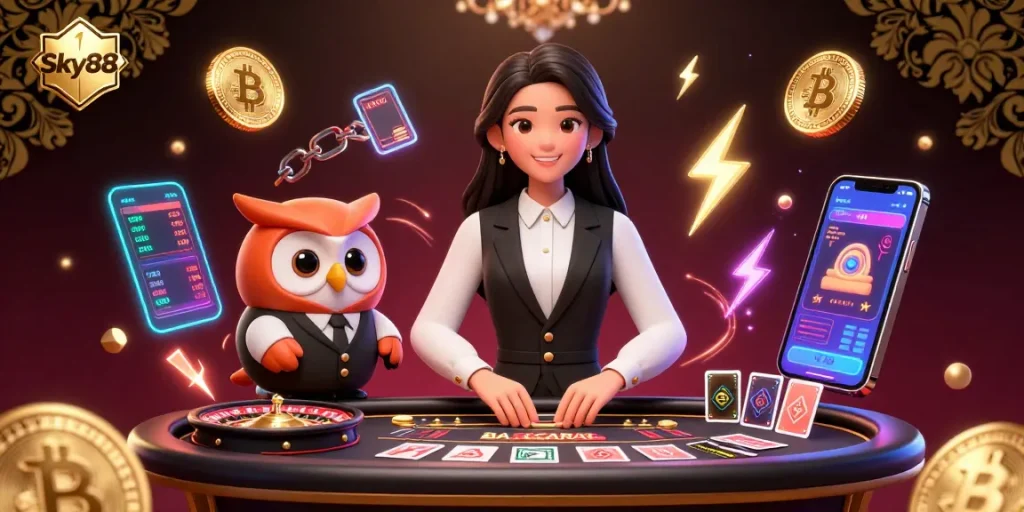 Engage with Sky88’s vibrant online casino ambiance featuring a professional dealer and charming owl assistant.