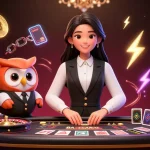 Engage with Sky88’s vibrant online casino ambiance featuring a professional dealer and charming owl assistant.