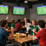 Socolive2 users celebrate during a live soccer match at an energetic sports bar.