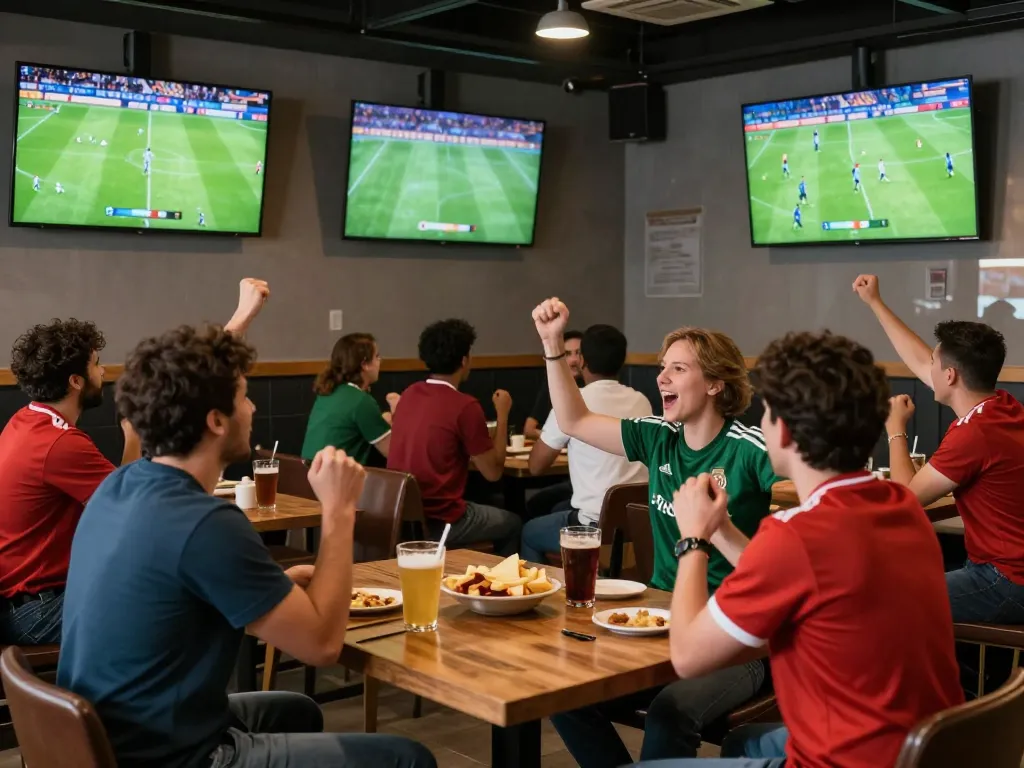 Socolive2 users celebrate during a live soccer match at an energetic sports bar.