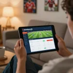 Person engaging with keonhacai5 on a tablet for sports betting at home, cozy atmosphere.