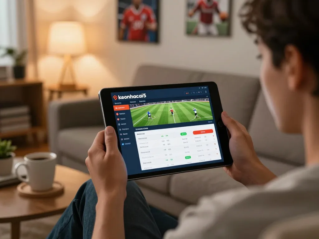 Person engaging with keonhacai5 on a tablet for sports betting at home, cozy atmosphere.