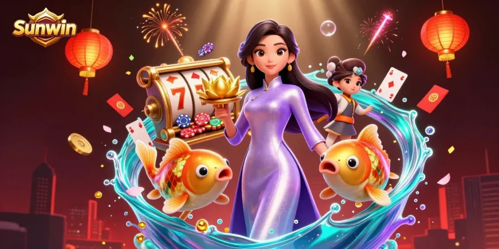 Engage with Sunwin in a vibrant casino scene filled with dynamic elements and rich visuals.