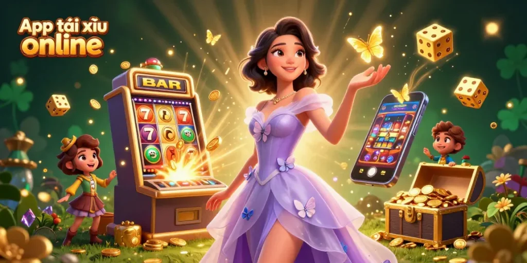 Experience the excitement of App tài xỉu online with dynamic gaming elements, jackpot symbols, and rich illustrations.