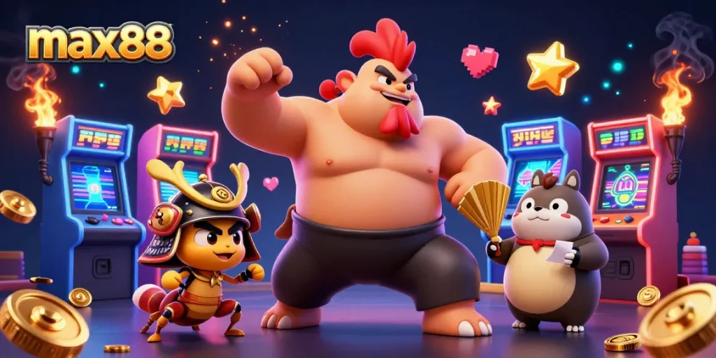 Experience max88 thrills with dynamic characters amidst colorful casino gaming elements.