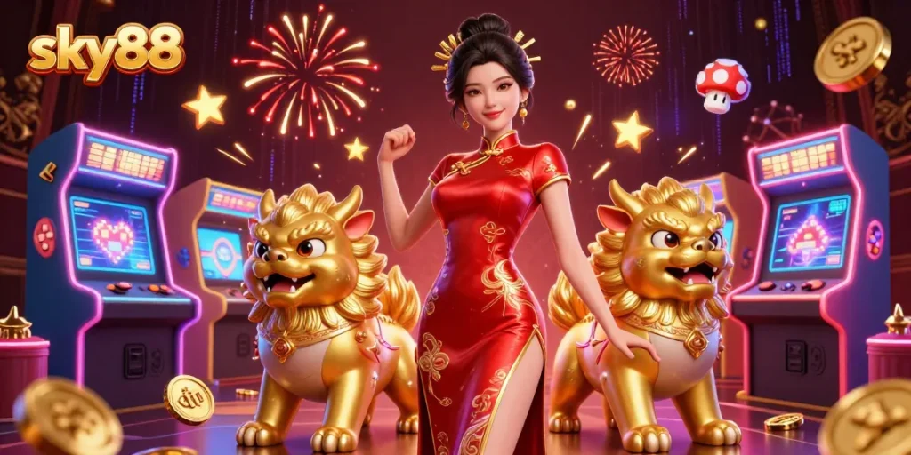 Experience thrilling gameplay at sky88 with vibrant casino culture in a stunning 3D illustration.